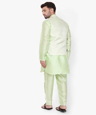 Green Printed Silk Kurta Pajama & Waistcoat Set For Mens 3