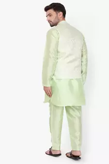 Green Printed Silk Kurta Pajama & Waistcoat Set For Mens