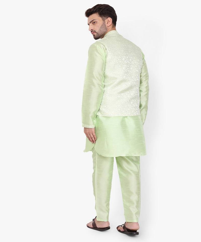 Green Printed Silk Kurta Pajama & Waistcoat Set For Mens