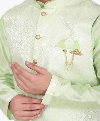 Green Printed Silk Kurta Pajama & Waistcoat Set For Mens 4