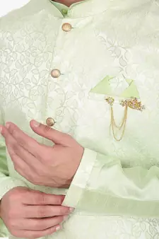 Green Printed Silk Kurta Pajama & Waistcoat Set For Mens