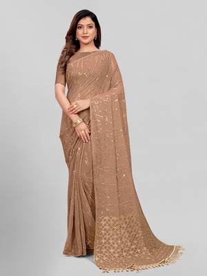 Hirvanti Fashion Designer Beige Sequined Embroidered Saree with Blouse Piece 1