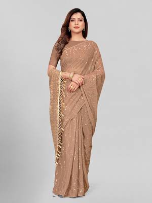 Hirvanti Fashion Designer Beige Sequined Embroidered Saree with Blouse Piece 2