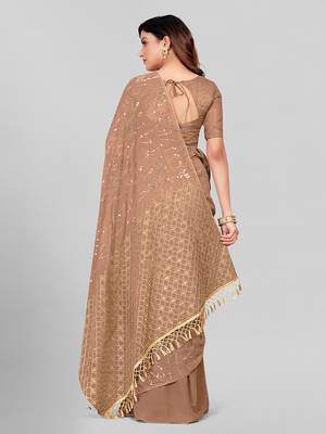 Hirvanti Fashion Designer Beige Sequined Embroidered Saree with Blouse Piece 4