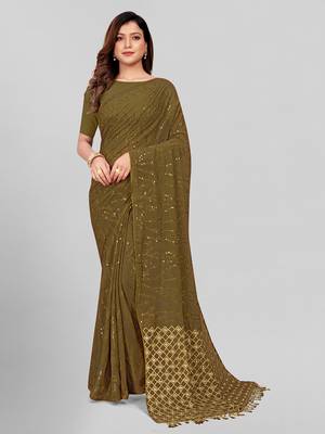 Hirvanti Fashion Designer Olive Green Sequined Embroidered Saree with Blouse Piece 1