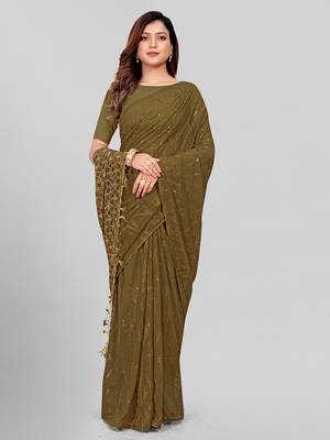 Hirvanti Fashion Designer Olive Green Sequined Embroidered Saree with Blouse Piece 2