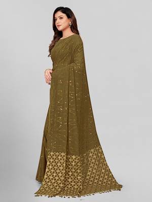 Hirvanti Fashion Designer Olive Green Sequined Embroidered Saree with Blouse Piece 3