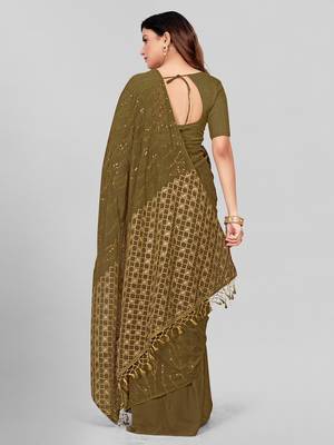 Hirvanti Fashion Designer Olive Green Sequined Embroidered Saree with Blouse Piece 4