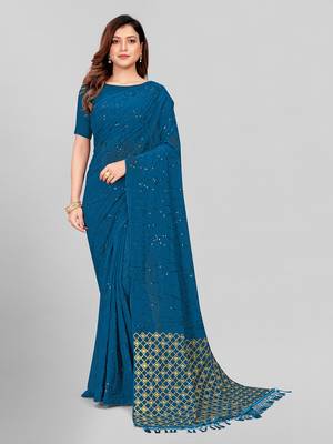 Hirvanti Fashion Designer Teal Blue Sequined Embroidered Saree with Blouse Piece 1