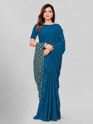 Hirvanti Fashion Designer Teal Blue Sequined Embroidered Saree with Blouse Piece 2