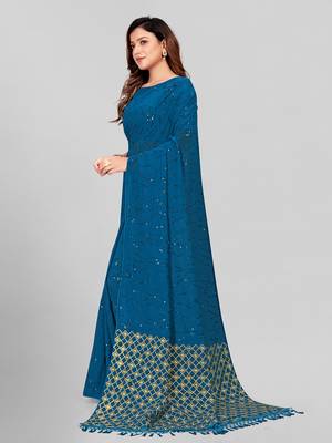 Hirvanti Fashion Designer Teal Blue Sequined Embroidered Saree with Blouse Piece 3