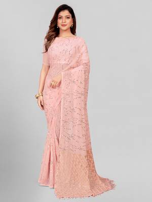 Hirvanti Fashion Designer Rose Pink Sequined Embroidered Saree with Blouse Piece 1