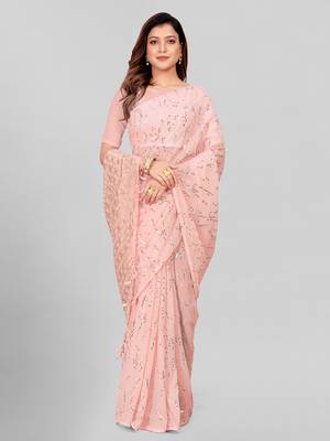 Hirvanti Fashion Designer Rose Pink Sequined Embroidered Saree with Blouse Piece 2