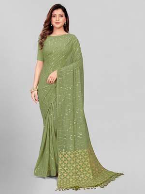 Hirvanti Fashion Designer Fluorescent Green Sequined Embroidered Saree with Blouse Piece 1