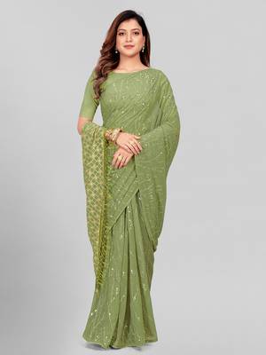 Hirvanti Fashion Designer Fluorescent Green Sequined Embroidered Saree with Blouse Piece 2