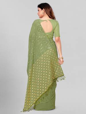 Hirvanti Fashion Designer Fluorescent Green Sequined Embroidered Saree with Blouse Piece 4
