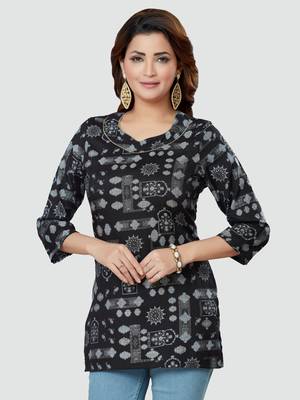 Black printed rayon short-kurtis 1