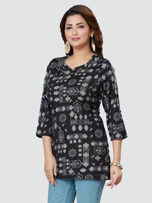 Black printed rayon short-kurtis 4