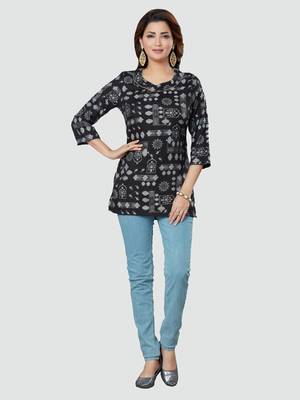 Black printed rayon short-kurtis 5