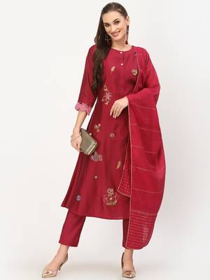 Burgundy thread embroidery chanderi silk salwar 1