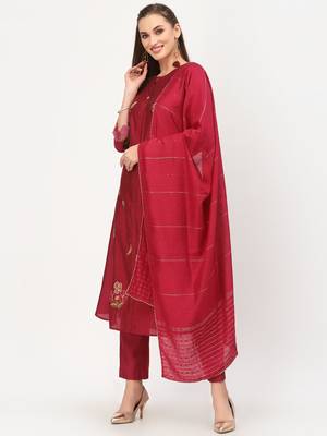 Burgundy thread embroidery chanderi silk salwar 3