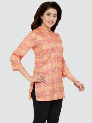 Orange printed rayon short-kurtis 3