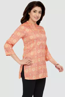 Orange printed rayon short-kurtis