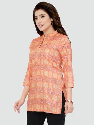Orange printed rayon short-kurtis 4