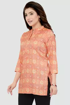 Orange printed rayon short-kurtis