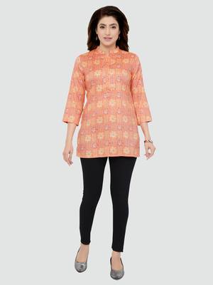 Orange printed rayon short-kurtis 5