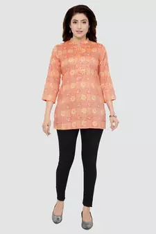 Orange printed rayon short-kurtis