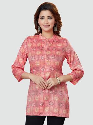 Pink printed rayon short-kurtis 1