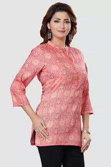 Pink printed rayon short-kurtis