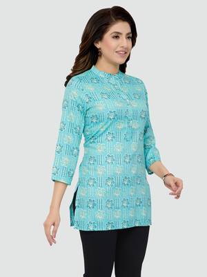 Blue printed rayon short-kurtis 3