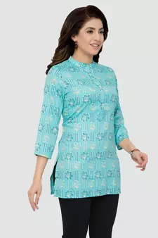 Blue printed rayon short-kurtis