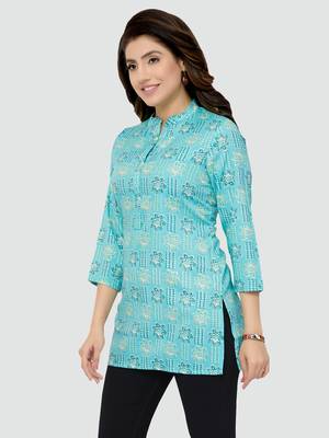 Blue printed rayon short-kurtis 4