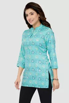 Blue printed rayon short-kurtis