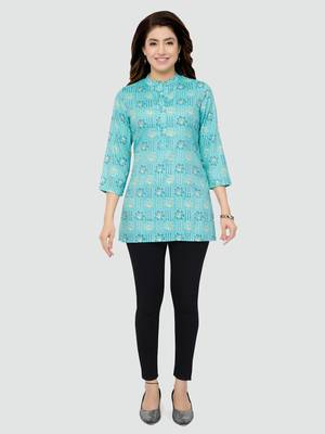 Blue printed rayon short-kurtis 5