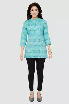 Blue printed rayon short-kurtis