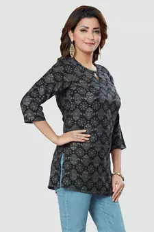 Black printed rayon short-kurtis