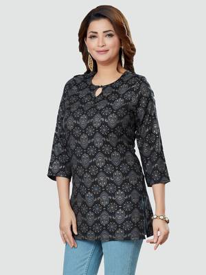 Black printed rayon short-kurtis 4