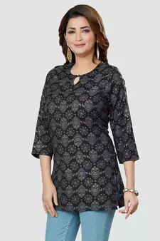 Black printed rayon short-kurtis
