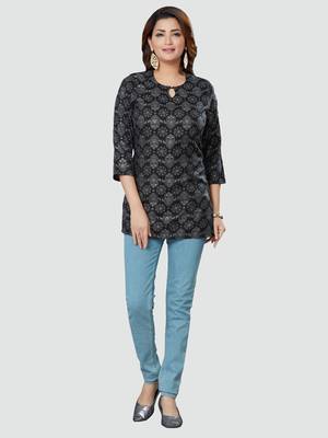 Black printed rayon short-kurtis 5