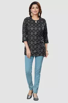 Black printed rayon short-kurtis