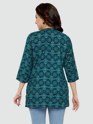 Green printed rayon short-kurtis 2
