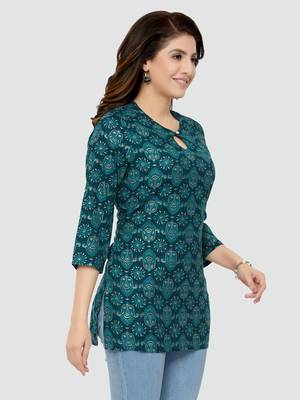 Green printed rayon short-kurtis 3
