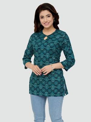 Green printed rayon short-kurtis 4