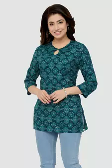 Green printed rayon short-kurtis