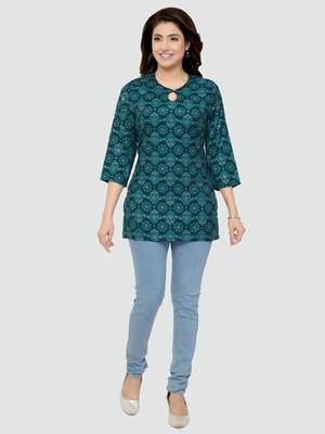 Green printed rayon short-kurtis 5