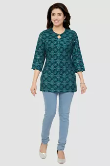 Green printed rayon short-kurtis